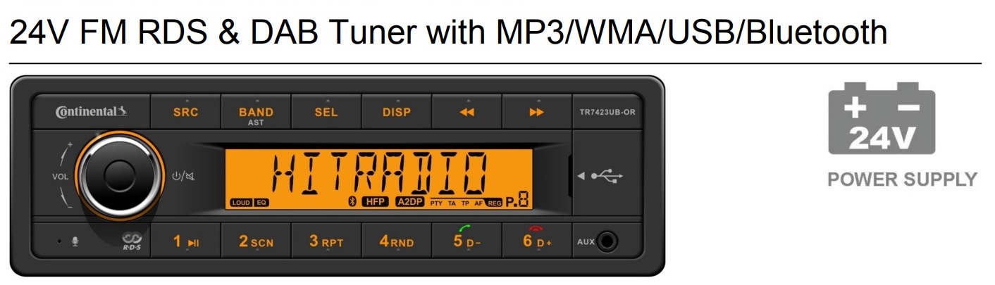 Radio/USB/MP3/WMA/ Bluetooth 24V Oranžové